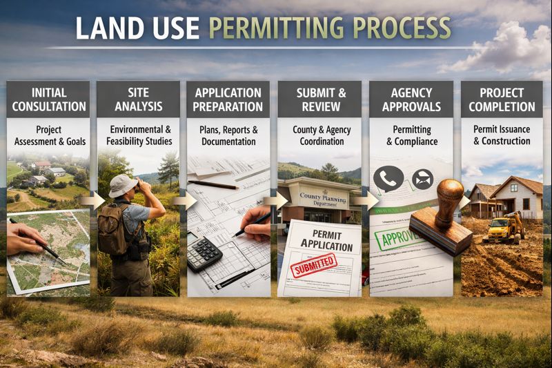 Land use permitting process showing key steps from initial consultation and site analysis to agency approvals and project completion